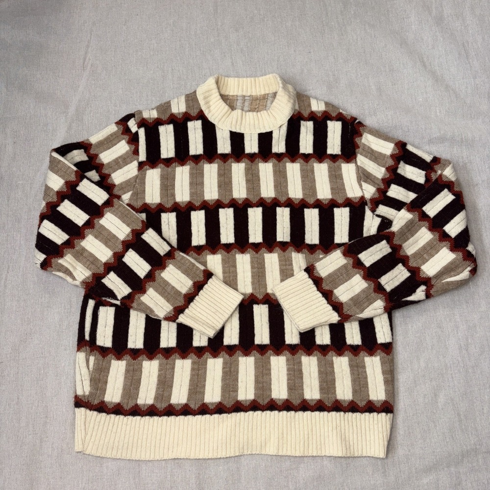 Vintage Alps‎ Knitmeister Sz Large Sweater Brown Red Cream Western 70s Geometric
